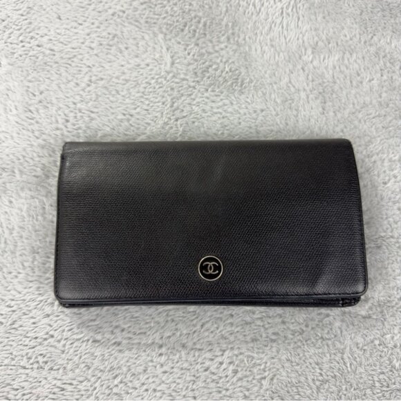 CHANEL Coco Button Leather Bifold Long Wallet Black - Picture 1 of 15